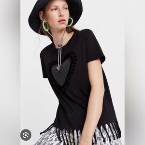 Desigual Black T shirt w fringe. Large.  heart in center. ❤️ very cute!